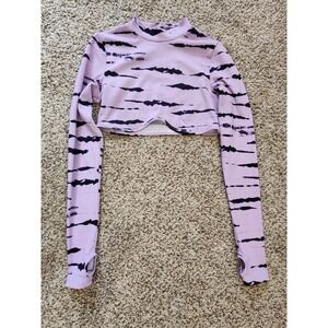 H&M Divided Purple Black Tiger Stripe Ribbed Crop Top Mock Neck Thumbhole Medium